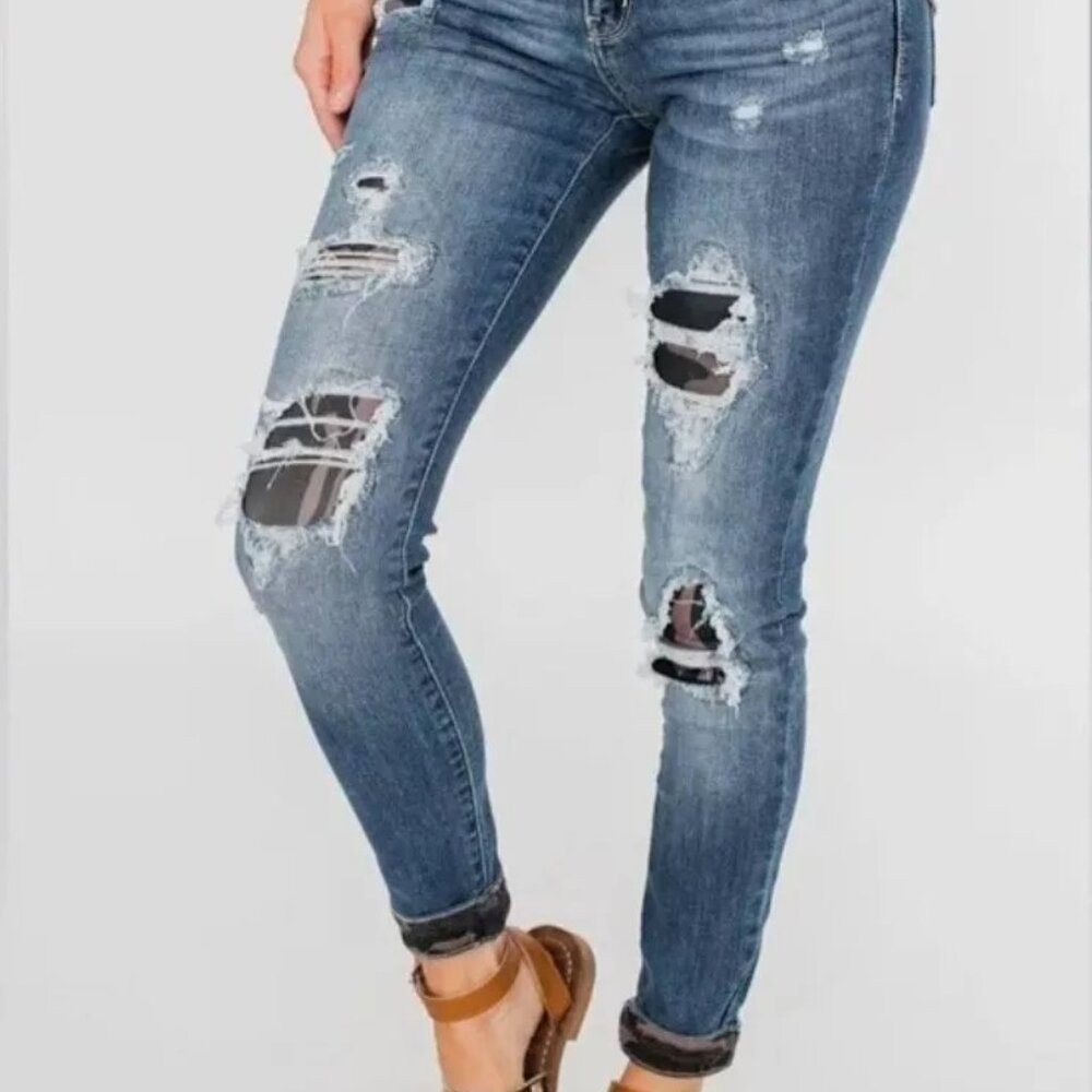 Judy Blue Jeans Womens 7/28 Skinny Fit‎ Camo Patch Medium Wash Denim JB82109MD